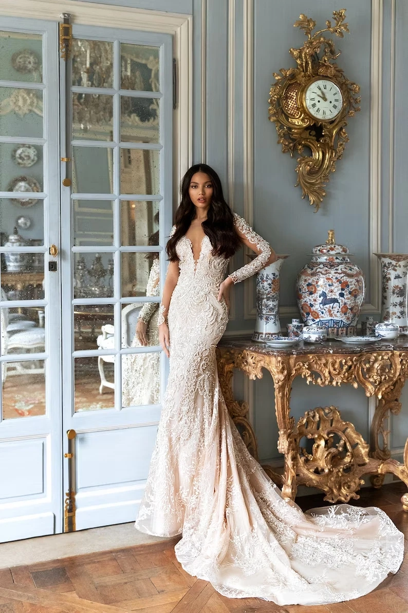 

2024 New Shining Beading Sequins Long Sleeve Mermaid Wedding Dress Backless Lace Appliques Bridal Gown Women Vestidos Novia Robe