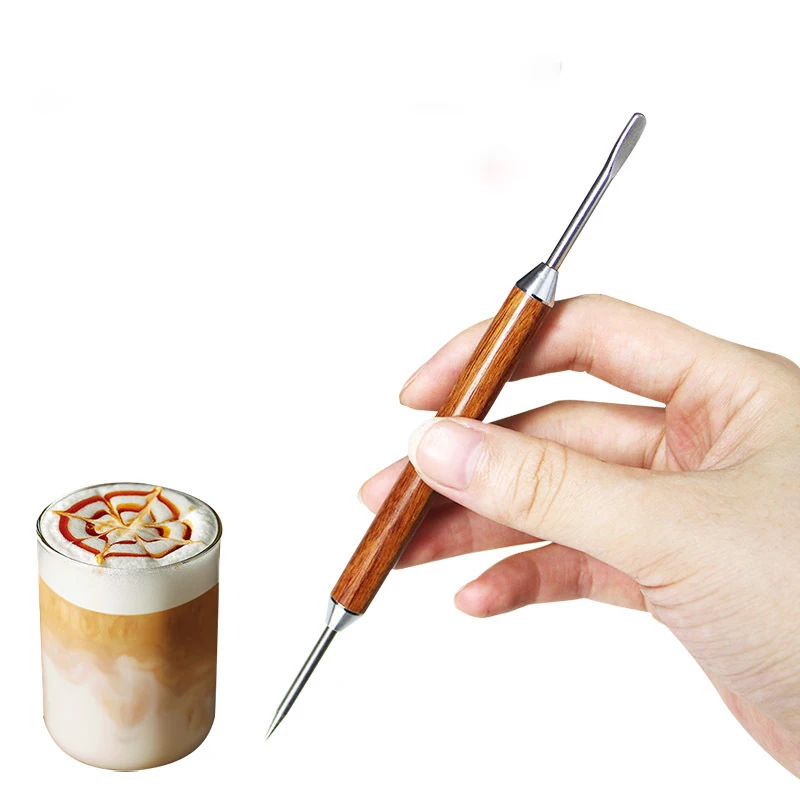 Description Picture 3 of itemCoffee Latte Art Stainless Steel Carving Needle Solid Wood Latte Coffee Crochet Needle Fancy Coffee Latte Art Pen barista Tool