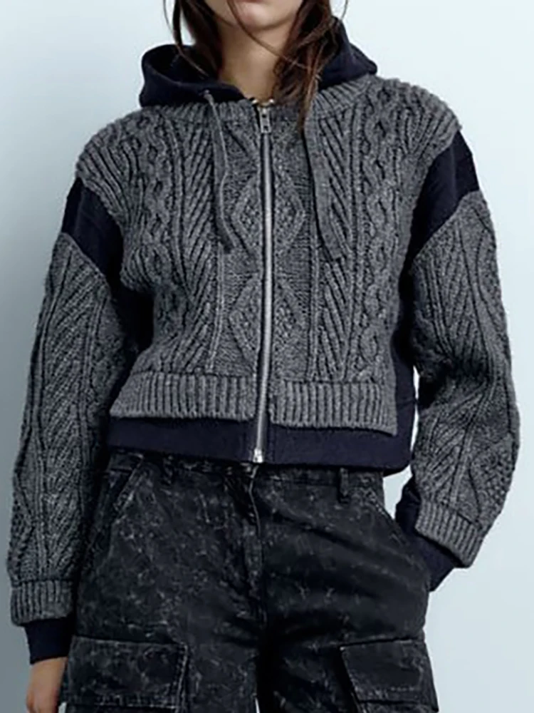 

Fashion Hooded Knitted Coats Women Long Sleeve Patckwork Zipper Jackets Spring Winter Warm Streetwear Ladies Casual Outwear