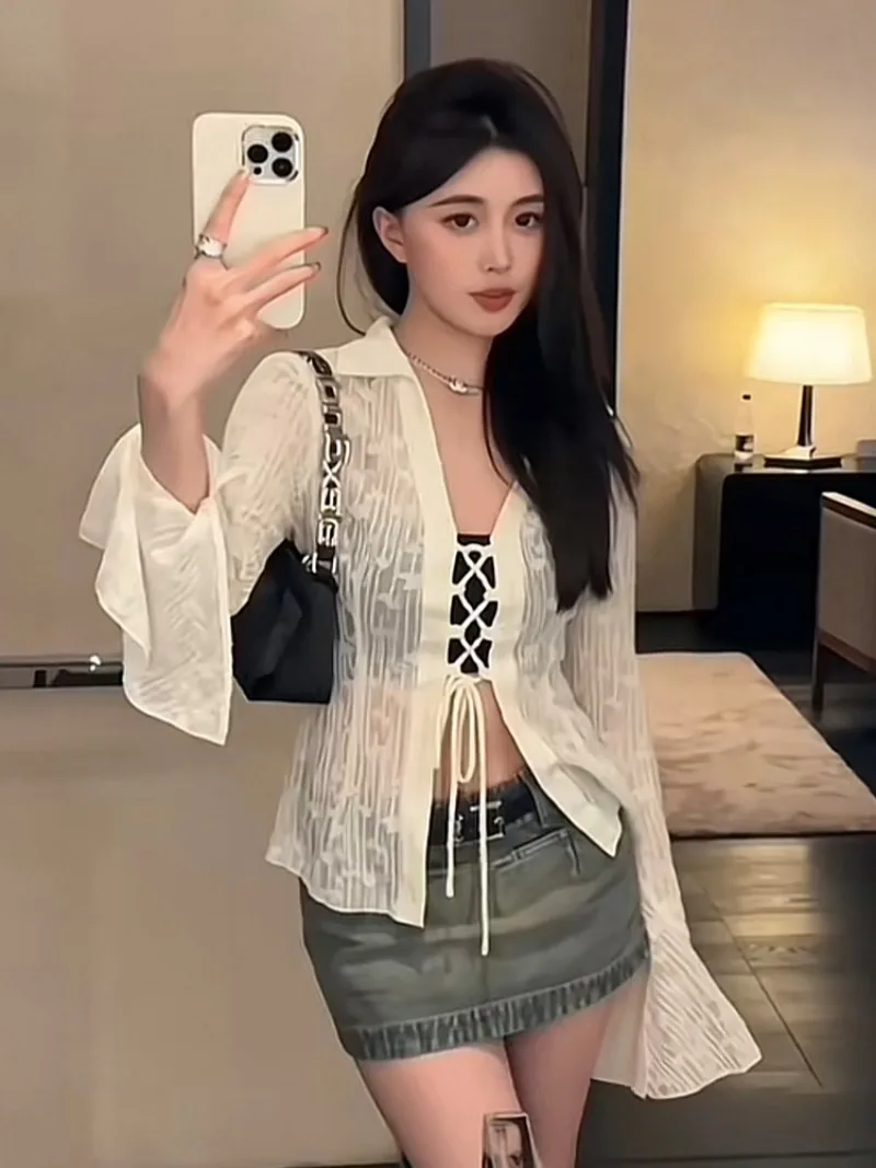 여성 용수철 플레어 소매 쉬폰 셔츠, 레이스업 재킷, 섹시 슬림핏 가디건, 청순 섹시 패션, 여성 의류