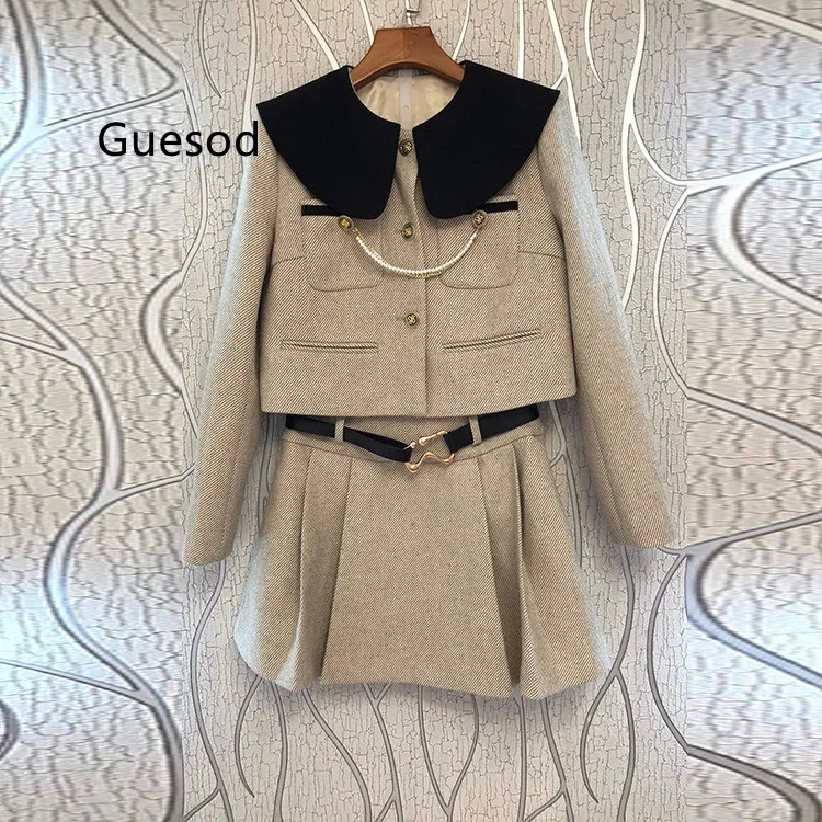 

Women Skirt Set 2023 Spring Autumn Female Peter Pan Collar Two Piece Suit Contrast Color Woolen Short Coat Skirt Twinset New