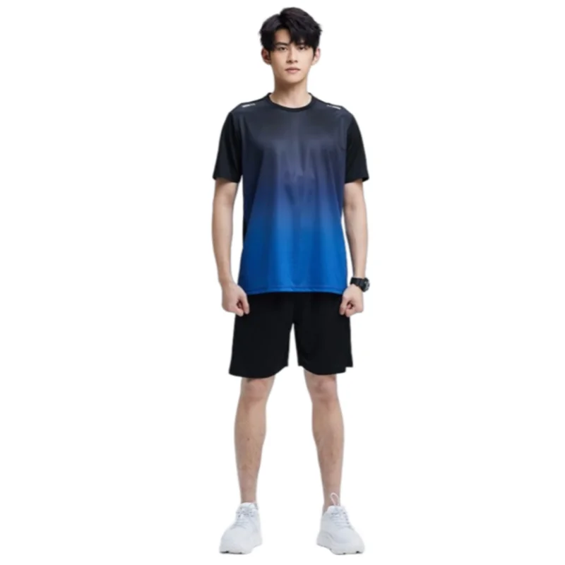 Summer Men's Sports Suit Gradient Quick Drying Thin Short Sleeve Shorts Two Piece Set Fitness Running Training Sportswear