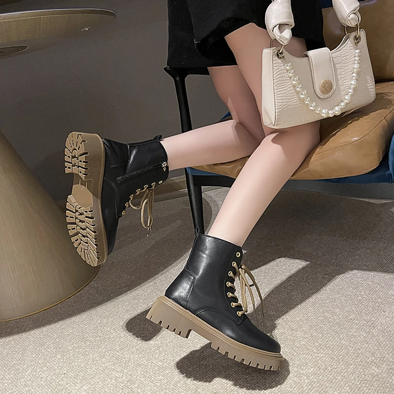 

Ботильоны женские из искусственной кожи на шнуровке, боевые полусапожки на платформе, Нескользящие, разные цвета, мотоциклетная обувь, Осень-зима