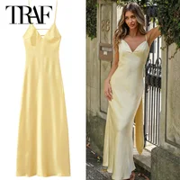 TRAF Womens Yellow Slip Dress Summer 2025 Woman Satin V-Neck Party Dresses Elegant Evening Sleeveless Backless Long Vestidos 066