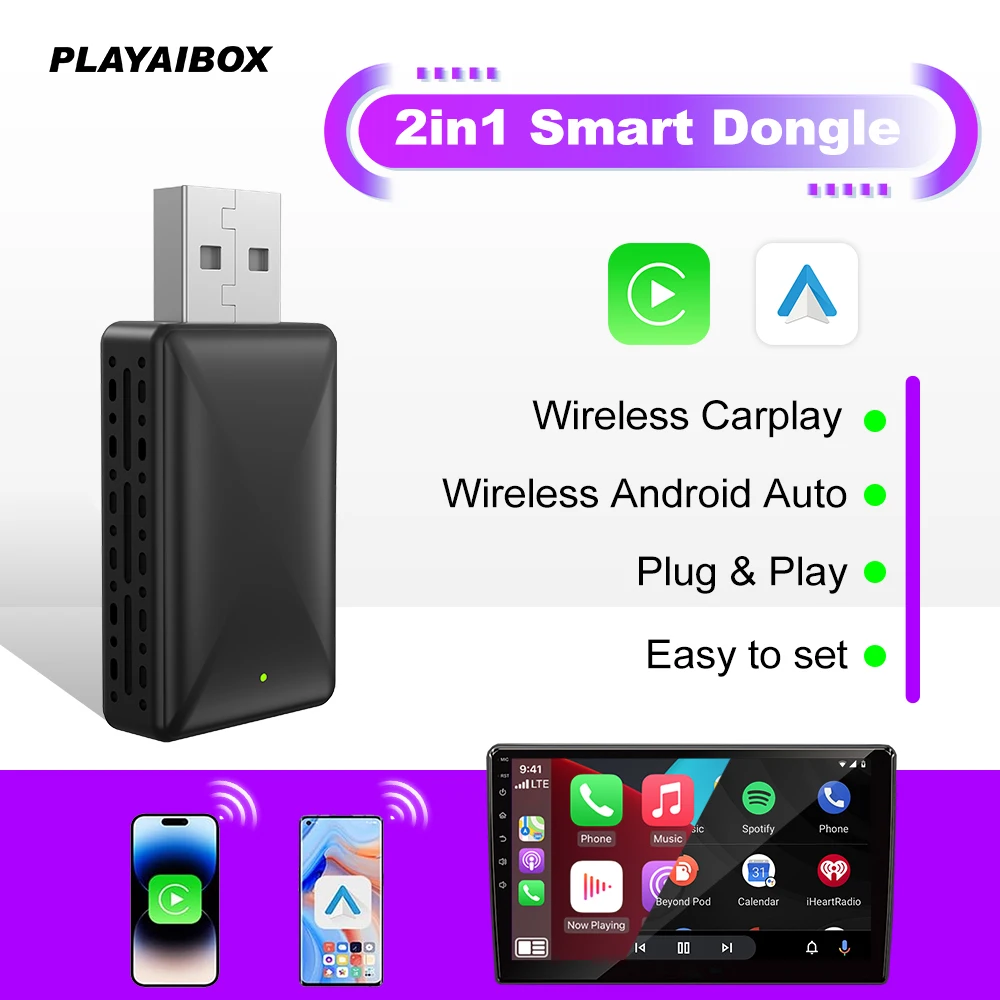 PLAYAIBOX Android Auto Wireless Carplay Adapter 2 in1 Wireless Play & Plug per Benz Audi Kia Chery Jeep Volvo Hyundai Porsche VW