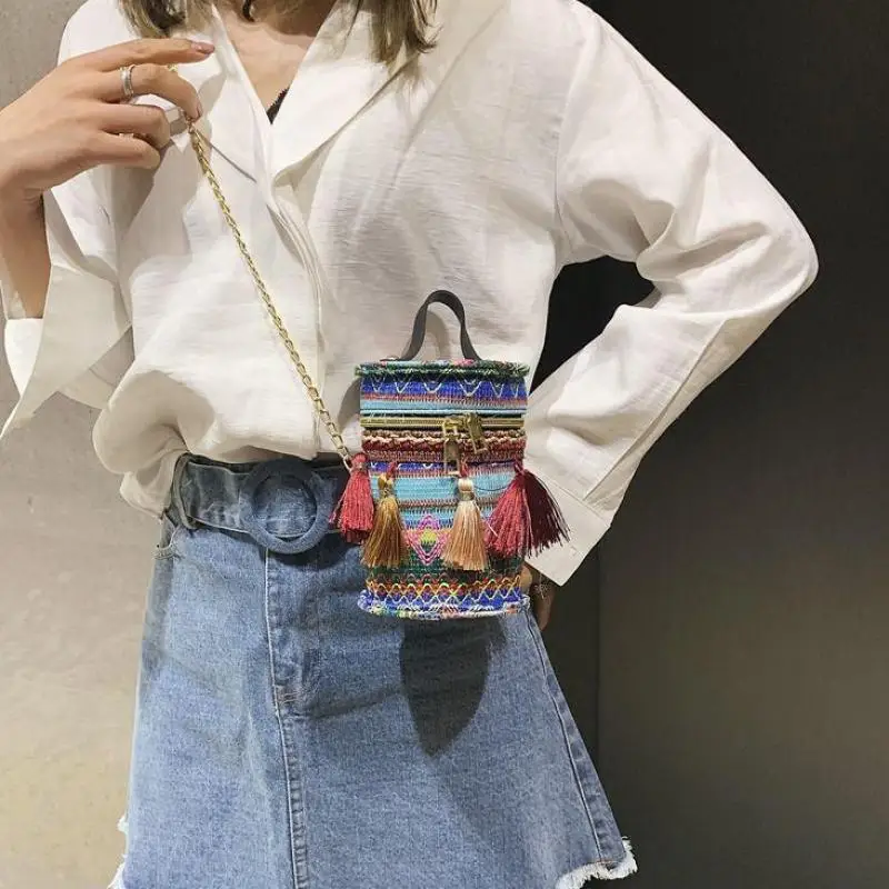 Fashion Handbag Women's Bag Straddle Bag Beach Bohemian Cylinder Bag National Style Chain Girl's Shoulder Bag Crossbody Bag