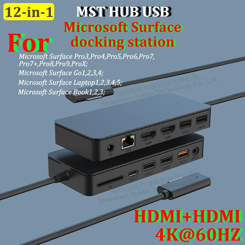 Microsoft Surface Pro Docking Station 12 In 1 - Triplo Display Con 2xHDMI E VGA, Ethernet, SD/TF, Audio, 4xUSB, Alimentazione 72W, Per Surface Pro 10/9/8/X/7/6/5/4, Laptop, Book - 2