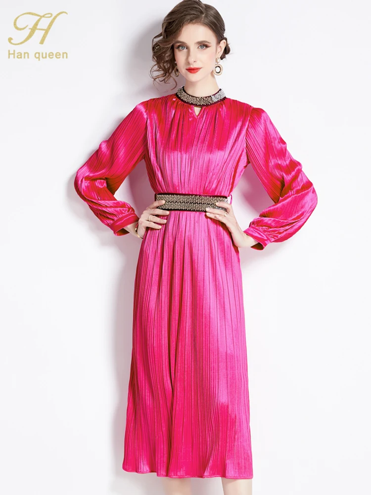 

Женское плиссированное платье-трапеция H Han Queen, элегантное модное повседневное платье в стиле ретро, весна-осень 2024