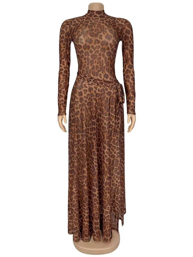Wmstar Dress Wholesale Fashionable Wear Sexy Leopard Print Long Sleeved See Through High Slit Dresses with A Wide Hem 2025