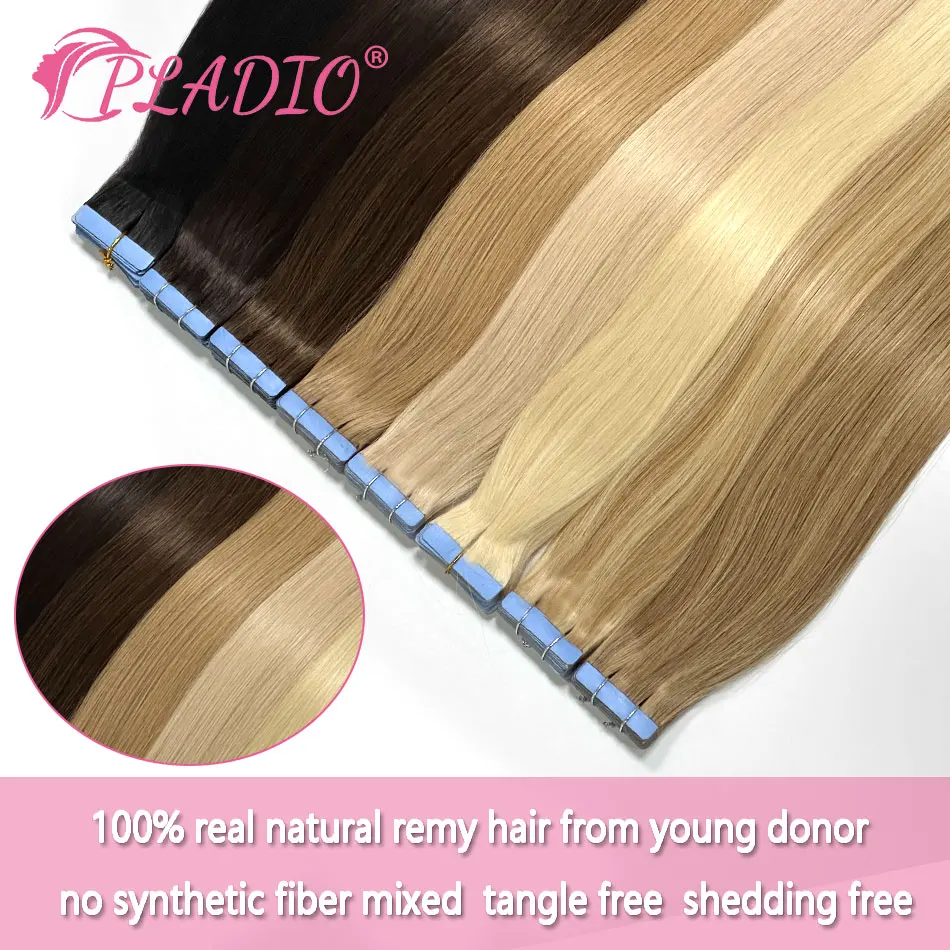 PLADIO Tape In Hair Extensions Human Hair Real Natural Hair European Straight Blonde Skin Weft Adhesives Remy Hair Extension