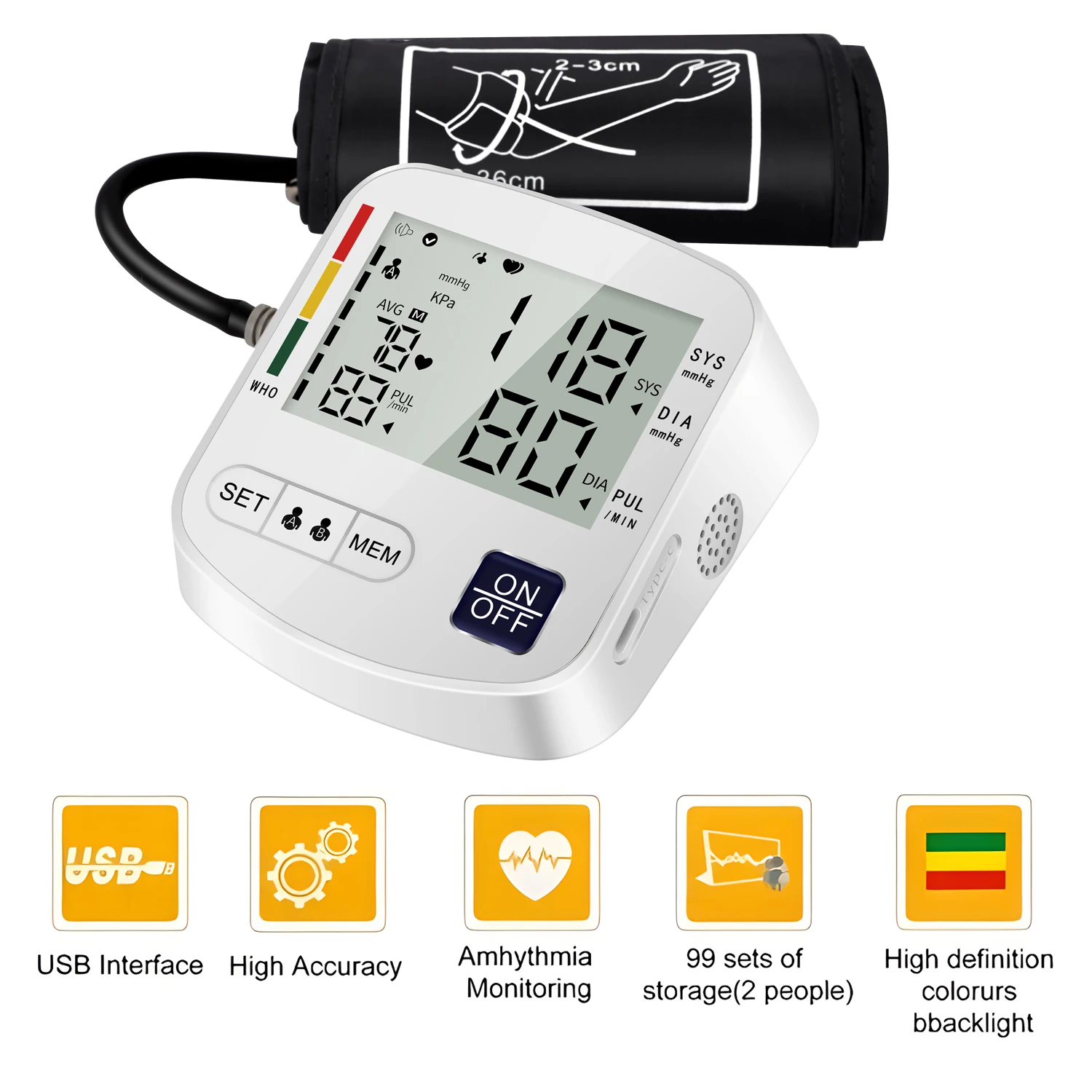 Automatic Digital Arm Blood Pressure Monitor Sphygmomanometer Tonometer Tensiometer Heart Rate Pulse Meter BP Monitor