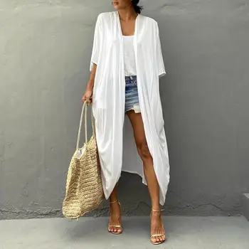 Women Beach Cover Up Cardigan Lady Girls V-neck Half Sleeve Quick-Drying Loose Fit Swimwear Beachwear Bathing Suit Robe 1