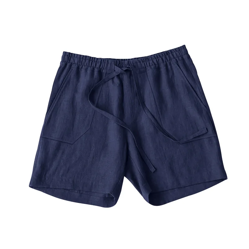 Casual Pants European and American Men's Summer Cotton and Linen Shorts Drawstring Elastic Waist Solid Color Breathable Beach