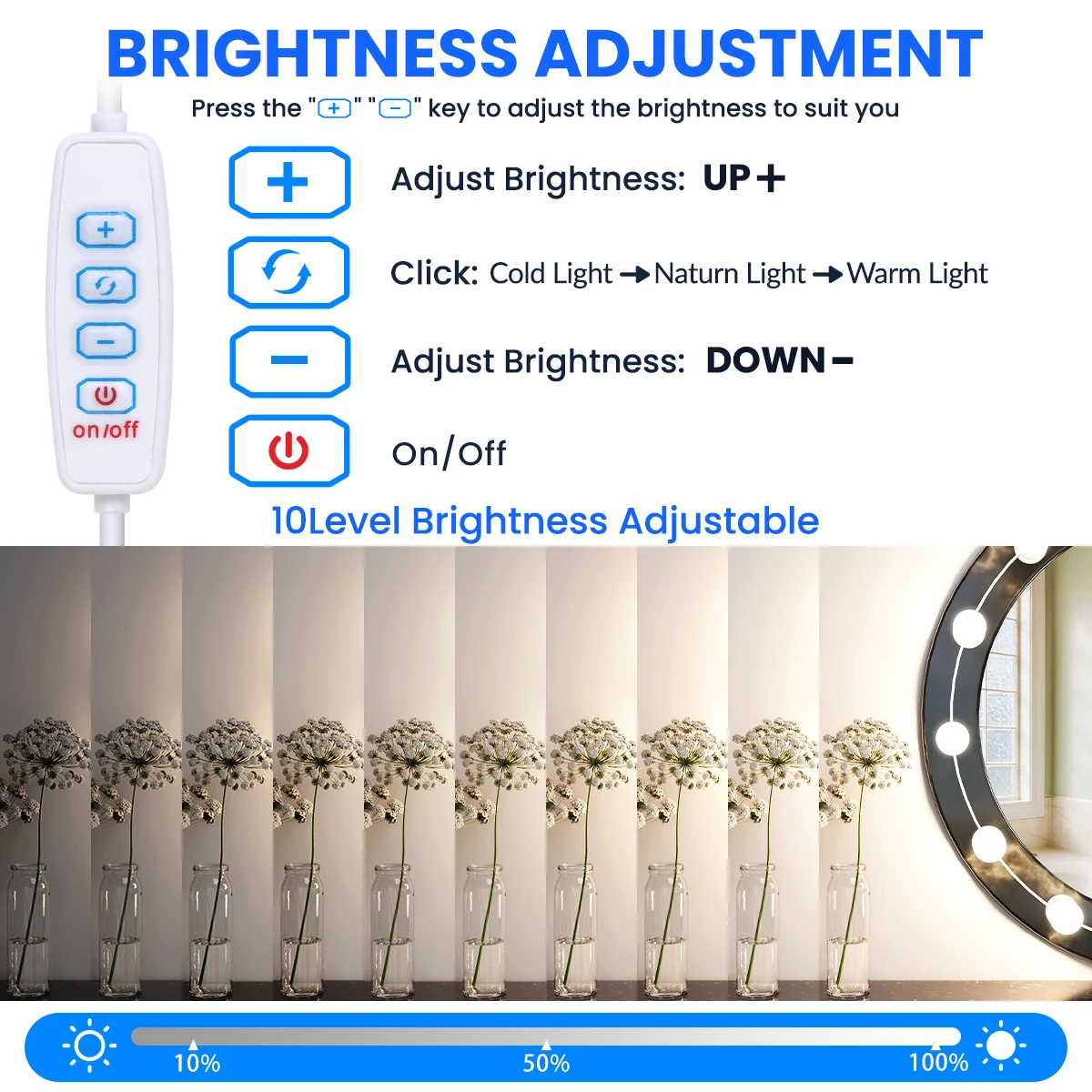 LED Vanity Lights Strip Kit 10 Dimmable Bulbs, 3 Color Modes & 10 Adjustable Brightness, USB Line for Body Makeup Bathroom Wall