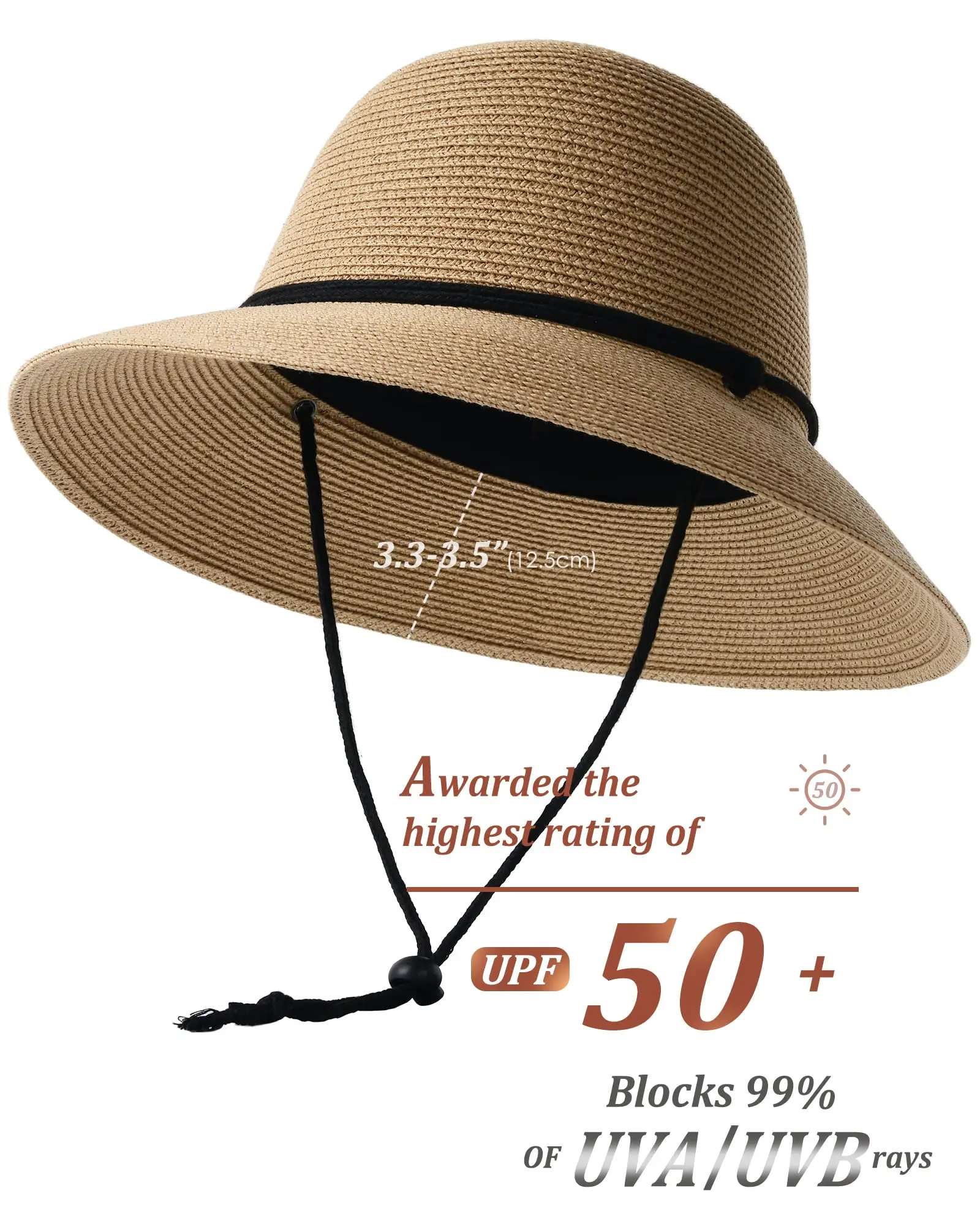 FURTALK Straw Summer Hat Women Sun Beach Hat with Wind Lanyard Wide Brim UPF 50+  Foldable Sun Protection Beach Hat 2