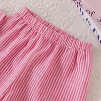 Humor Bear-Costumes d'été pour filles, ensemble deux pièces rose à rayures verticales, nœud en fibre, haut + pantalon, vêtements doux pour enfants 5