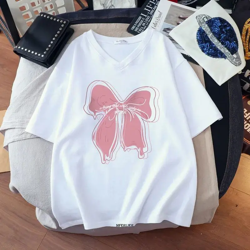 Plus Size 6XL 150KG Women Sweet Cotton T Shirt Lovely Female Tops Kawaii Tee Tshirt V Neck Ladies Large Tees
