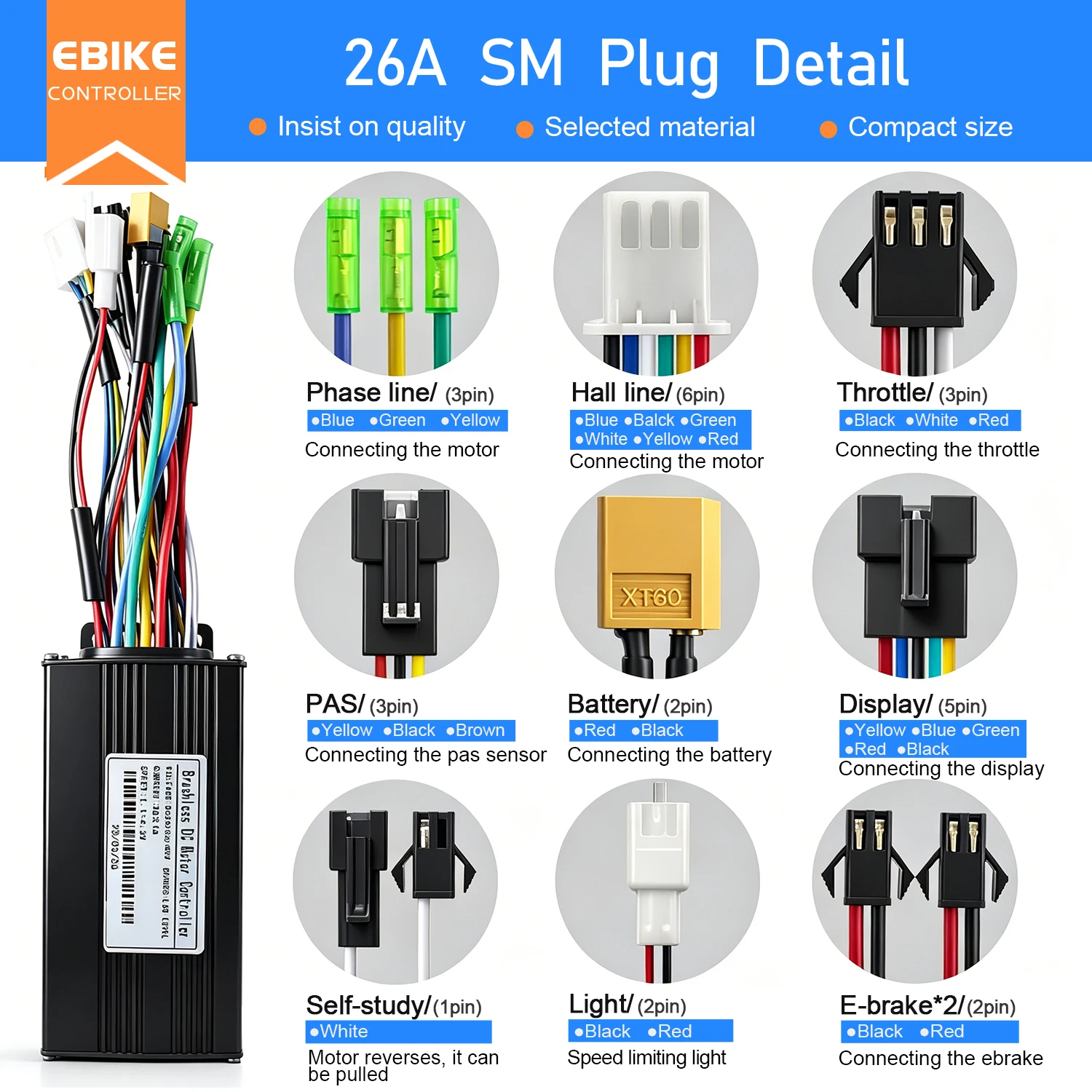 Ebike Sinawave 3 모드 컨트롤러 24V/36V/48V 17A 26A 30A LCD 디스플레이 S966 250W-1000W 휠 허브 모터 변환 부품용