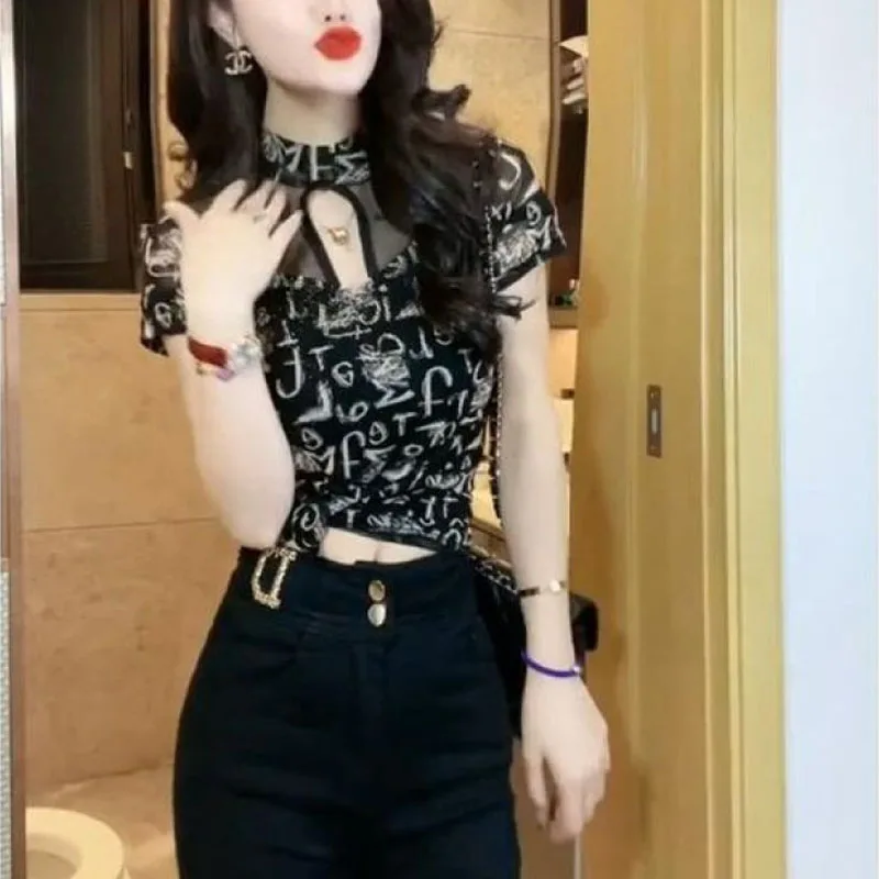 

Женская Сетчатая футболка, Элегантная универсальная Приталенная футболка с коротким рукавом и высоким воротником, лето