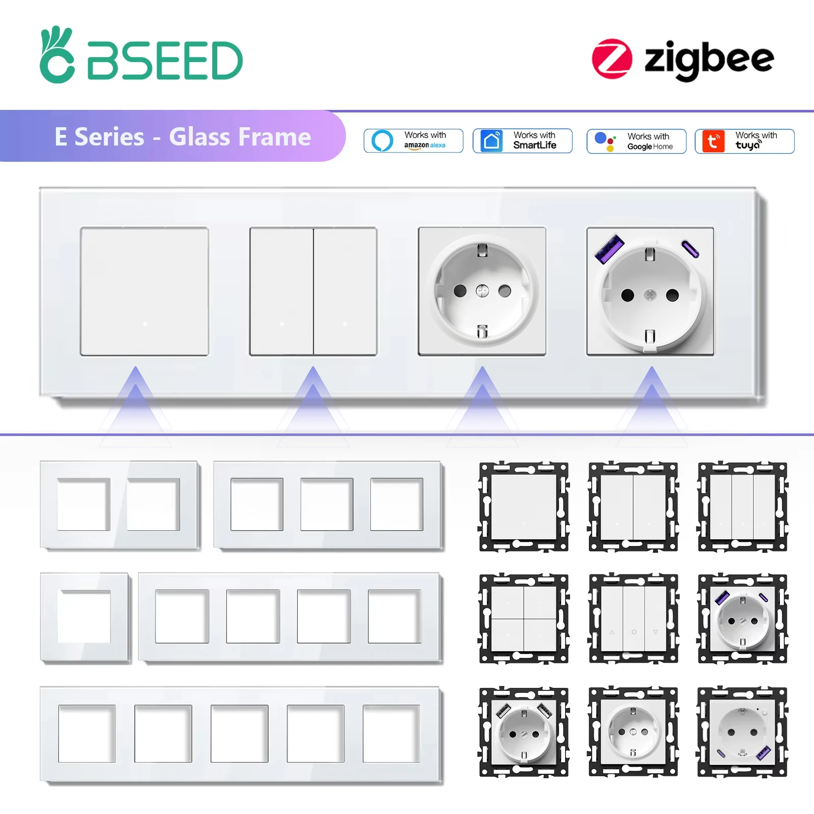 BSEED Zigbee 1/2/3Gang สมาร์ทสวิทช์ไฟ Tuya Smart Life Alexa EU Power Outlets ฟังก์ชั่นอะไหล่แผงกระจกชิ้นส่วน DIY 1