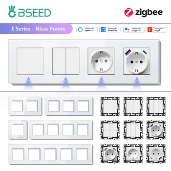 BSEED Zigbee 1/2/3Gang สมาร์ทสวิทช์ไฟ Tuya Smart Life Alexa EU Power Outlets ฟังก์ชั่นอะไหล่แผงกระจกชิ้นส่วน DIY 1