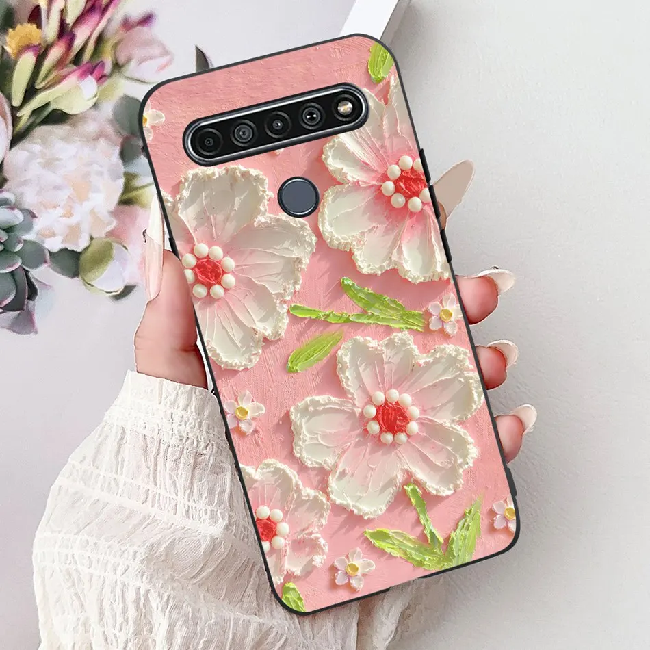 Elegant Floral Cat Printed Black Silicone Phone Case