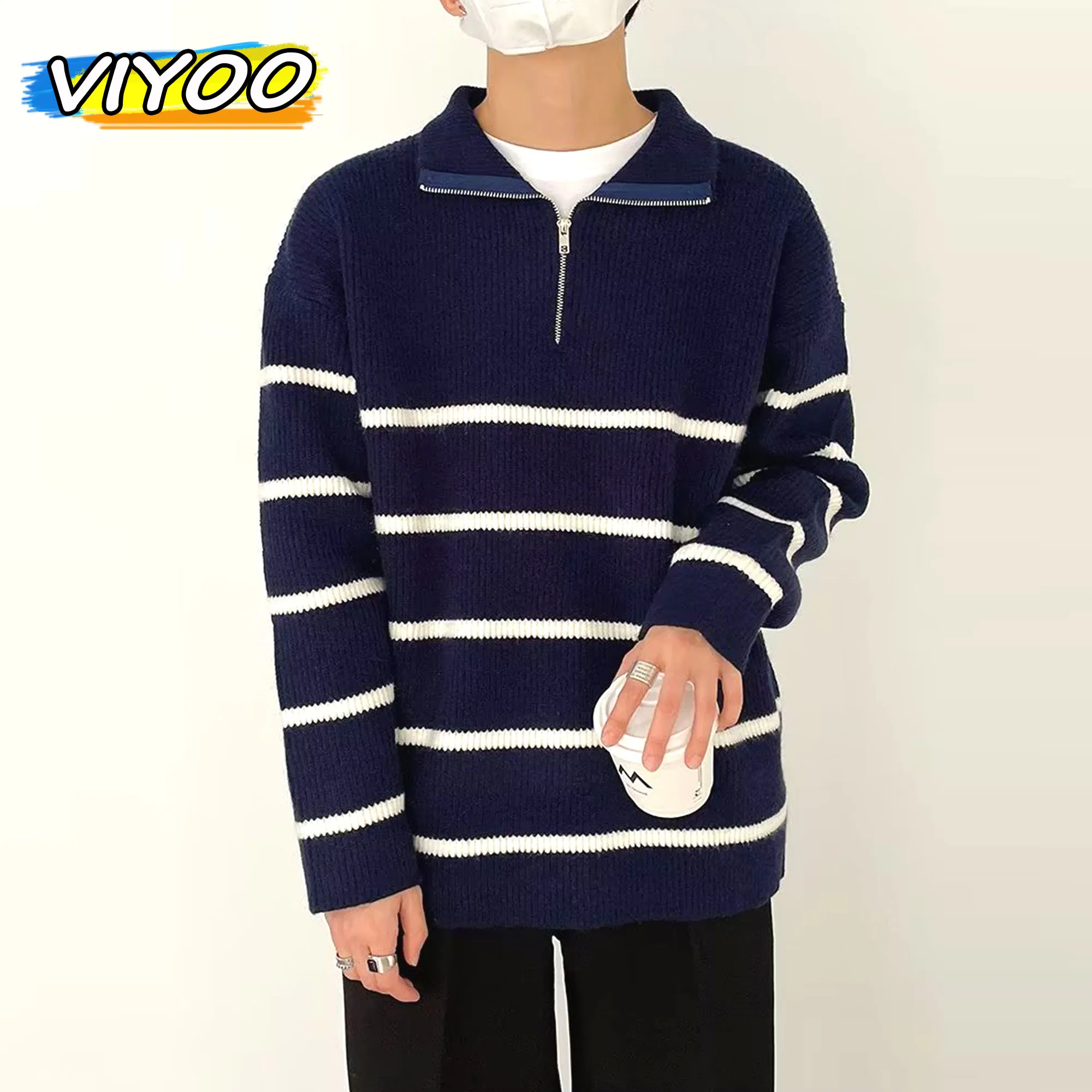 Japn Men's Y2K Vintage Striped Knit Sweater Polo Shirts Turtleneck Jumper For Men Knitwear Streetwear Koean Style Winter Clothes