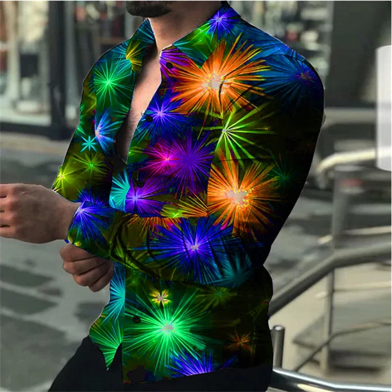 Star Glowing 3D Printed Shirt, Men's Casual Button Up Long Sleeve Shirt Spring Autumn Business Beach Resort