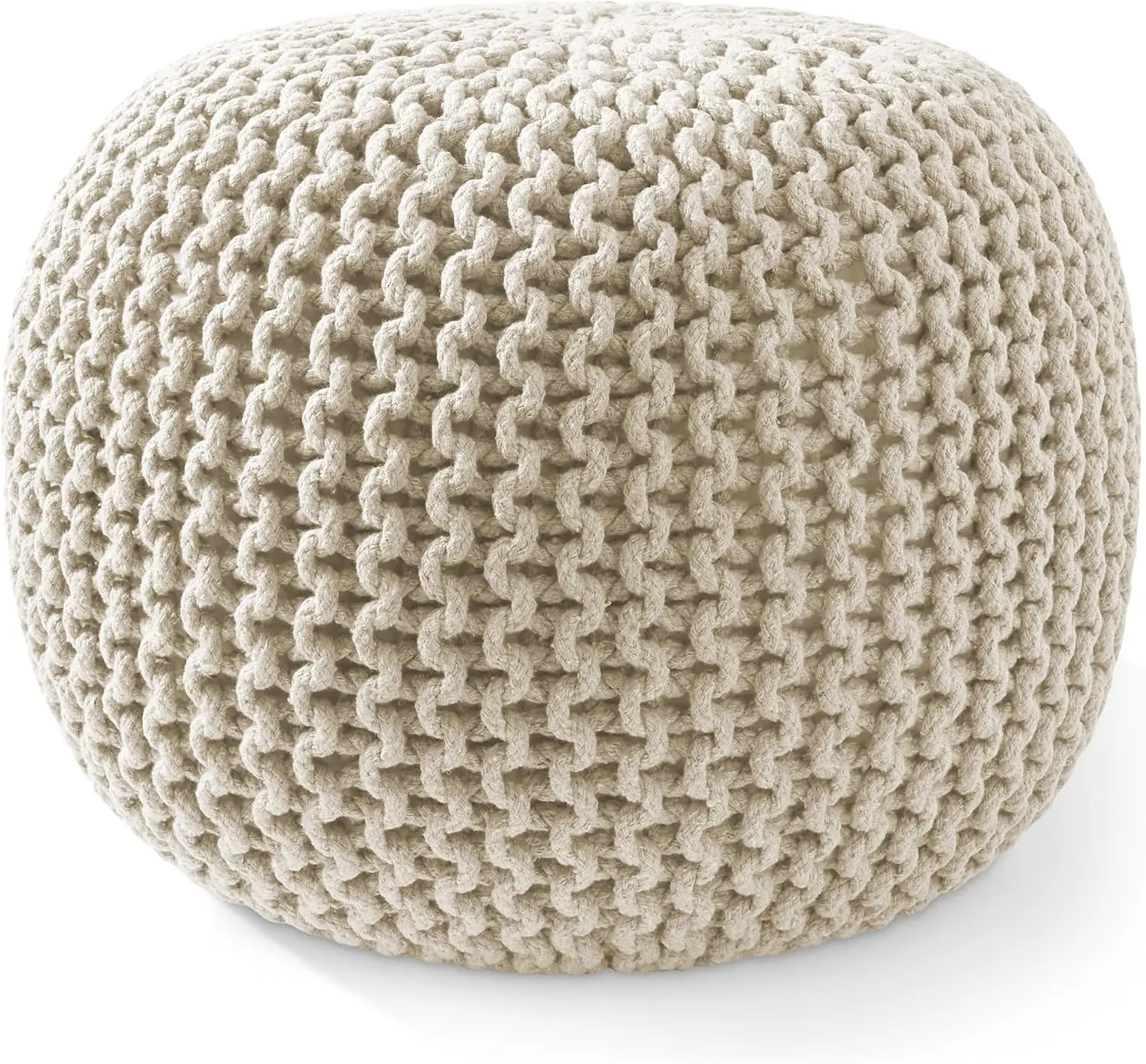 Round Pouf Ottoman, Natural - 20" Diameter x 14.5" High Cotton Knit Foot Stool - Boho Floor Pouffe