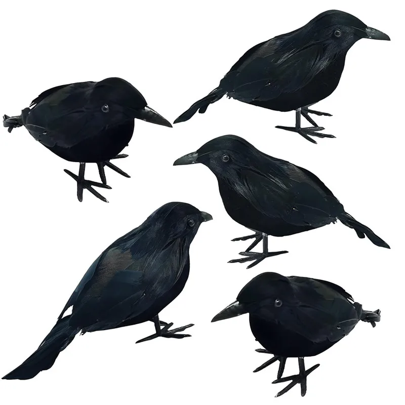 4/5Pcs Halloween Crow Faux Feather Decor Crow Realistico Crow Spooky Black Feather Crow Per Party Haunted House Prop Garden Decor