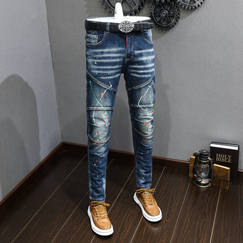 Street Fashion Men Jeans Retro Blue Elastic Slim Fit Ripped Jeans Men Stretch Embroidery Trousers Hip Hop Designer Pants Hombre
