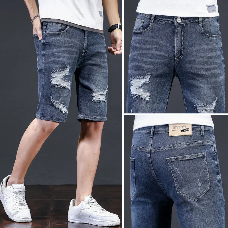 thumbnail image 1 of Pantalones cortos de mezclilla para hombre con bolsillos, pantalones vaqueros cortos rasgados grises para hombre, pantalones vaqueros retro originales Y2k, venta desgastada, novedad de vaquero en, 1 of 5
