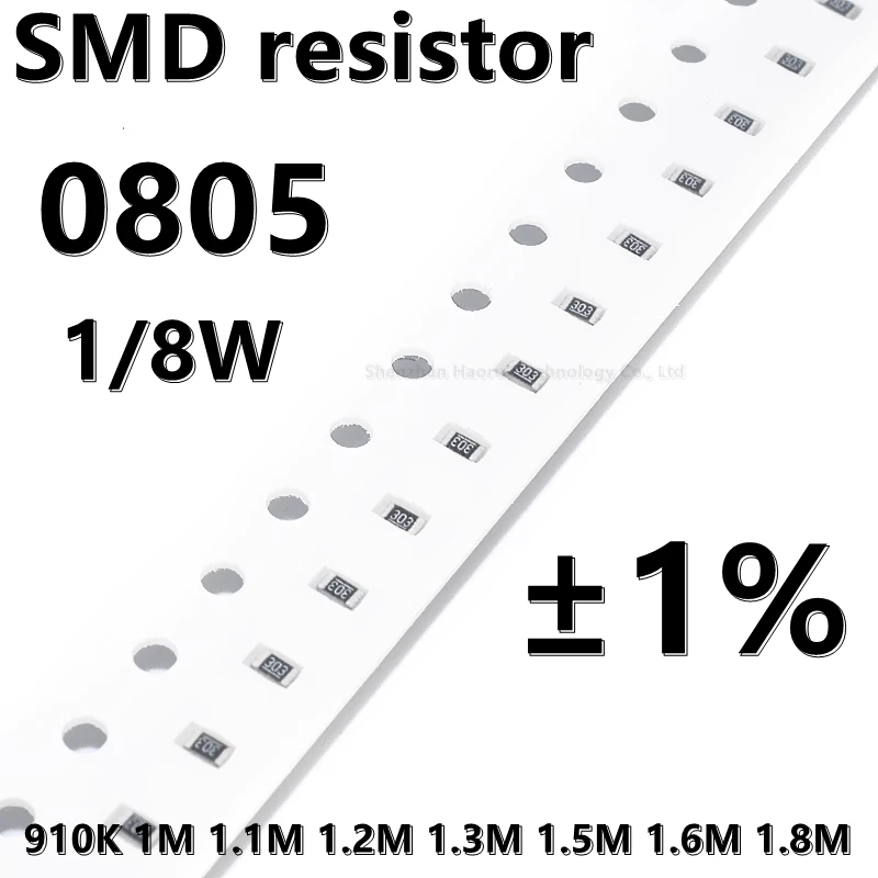 

(100pcs) higher quality 0805 SMD resistor 1% 910K 1M 1.1M 1.2M 1.3M 1.5M 1.6M 1.8M 1/8W 2.0mm*1.2mm