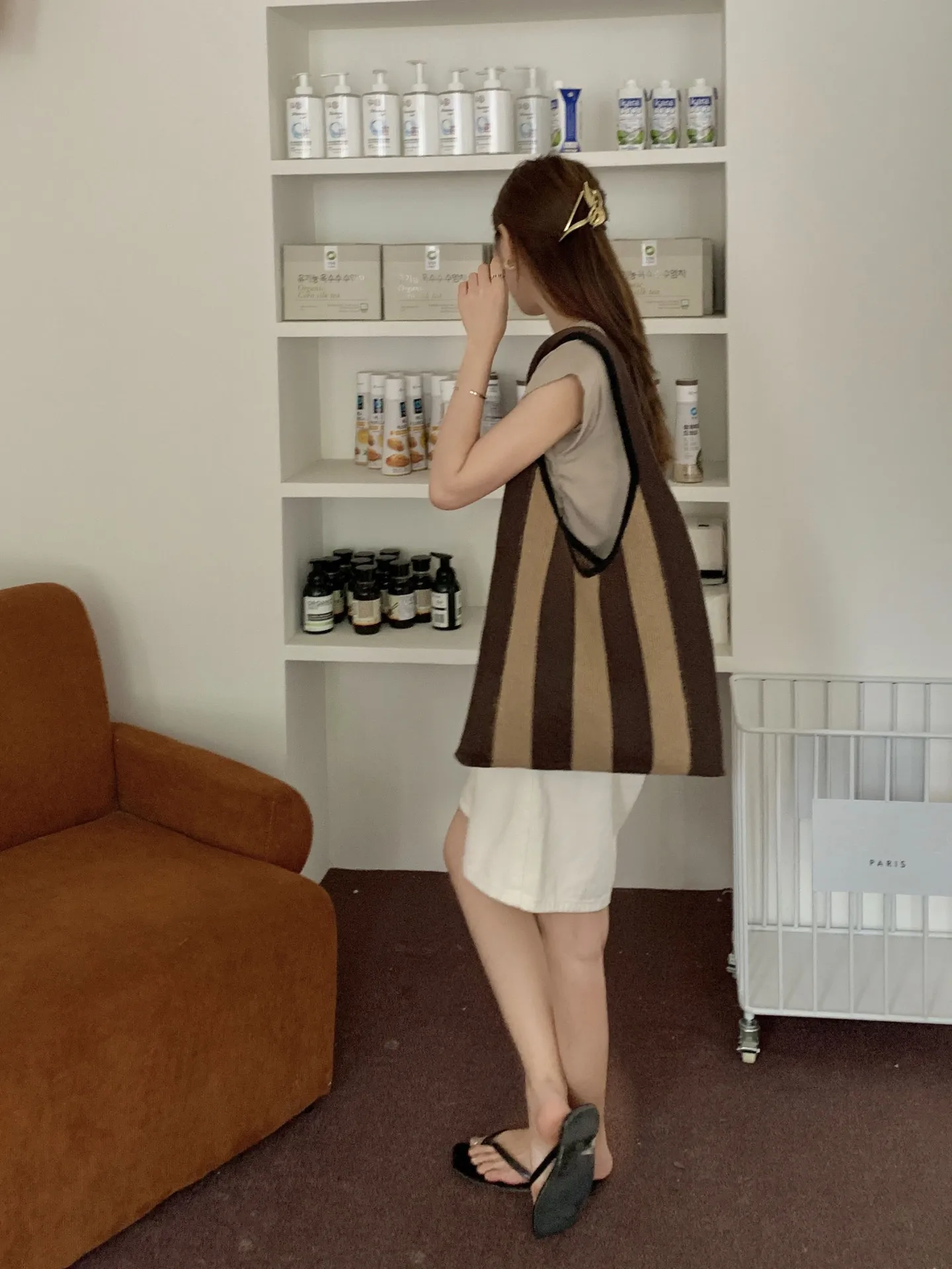 New Wide Stripe Knitted Handbag Female Large Capacity Totes Japanese Women'S Pack Summer Beach Bag Hollow Woven Shoulder Bags