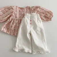 2024 Girls Spring Pants Baby Casual Ruffle Wide Leg Pants Children's Trendy Autumn Trousers Loose Solid High Waist Bell-bottoms 1
