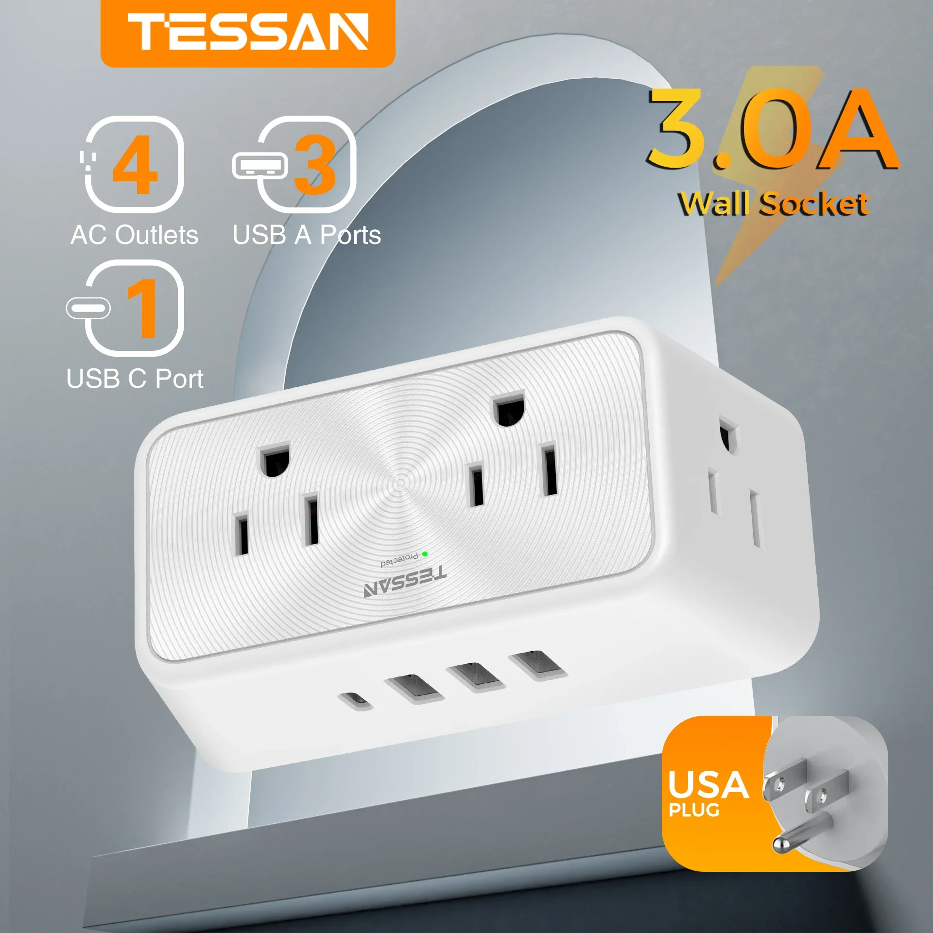 Multi Plug Outlet Splitter TESSAN Surge Protector 4 Electrical Outlet Extender with 4 USB Blocks(1 Type C)M Plug Wall Expander power strip,electrical socket,wall socket extender