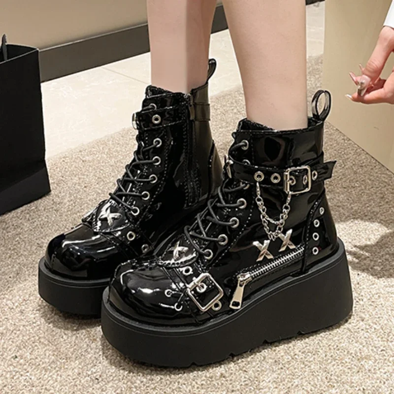 여성용 플랫폼 웨지 앵클 부츠, 2023 가을 겨울 고딕 스트리트, 편안한 패션, 멋진 여성 신발, 지퍼 오토바이 부츠