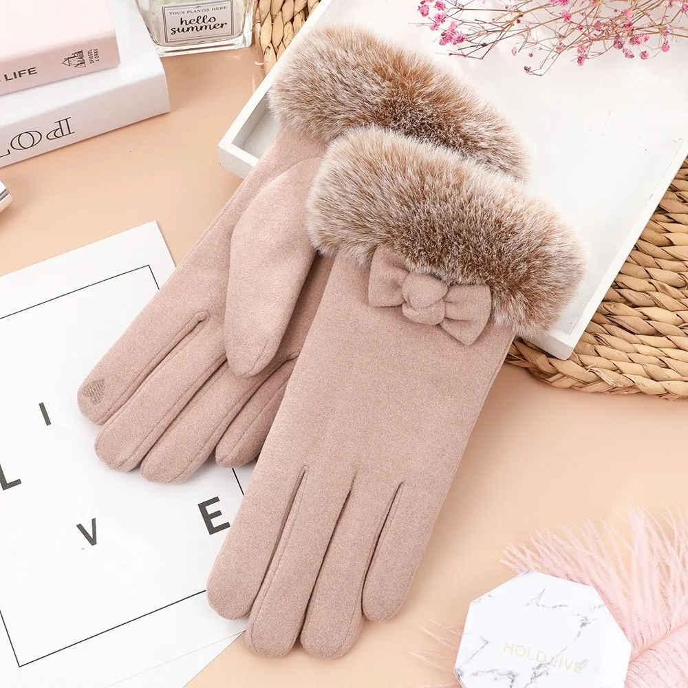 Winter Gloves For Women Autumn Bow Mittens Touch Screen Plus Velvet Warm Glove Outdoor Elegant Gloves Girl