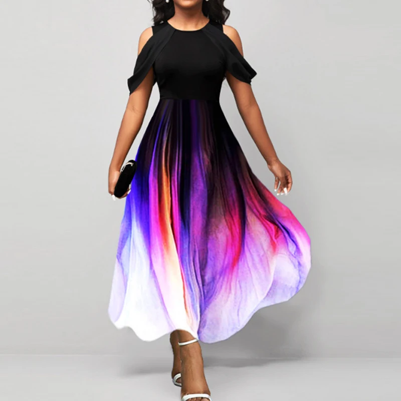 

Women Gradient Loose Vintage Dress New Arrival Hollow Short Sleeve Waist Big Hem Dresses Elegant Round Neck Office Long Dress