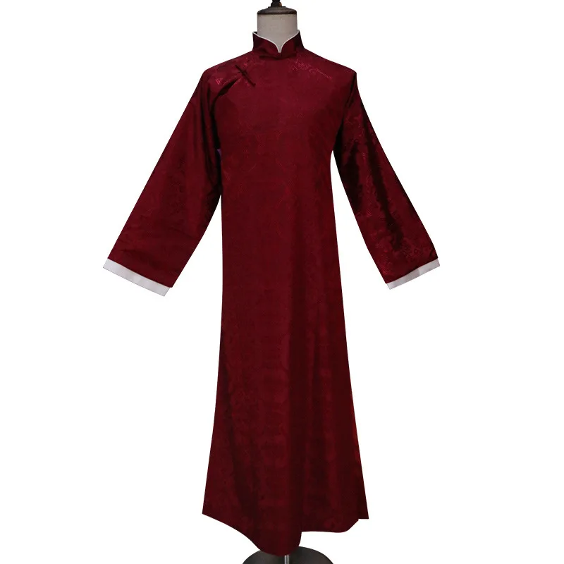 Men Chinese Traditional Style Tang Suit Long Robes Crosstalk Stage Costume Groomsman Retro Red Print Qipao Dress Gown