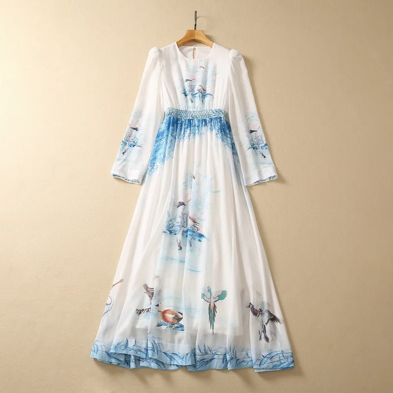 

European and American women's dress 2023 summer new style Long-sleeved crane printed round collar Fashion pleated dress XXL