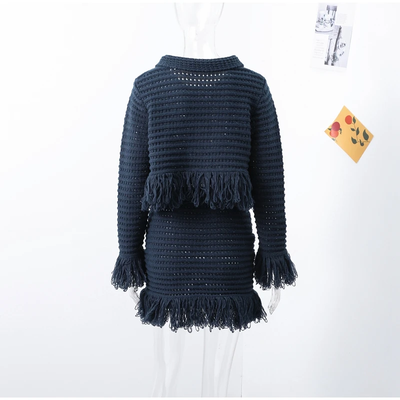 Description Picture 5 of itemFringe Knit Slim Mini Skirt Suit Women Fashion Turndown Collar Half Breasted Long Sleeve Top Female Set 2025 Spring Lady Sets