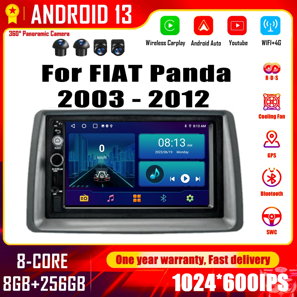 7 "Android 13 Per Fiat Panda 2003 - 2012 Autoradio Lettore Video Multimediale Navigazione Gps Stereo Screem Wireless Carplay 4G Bt