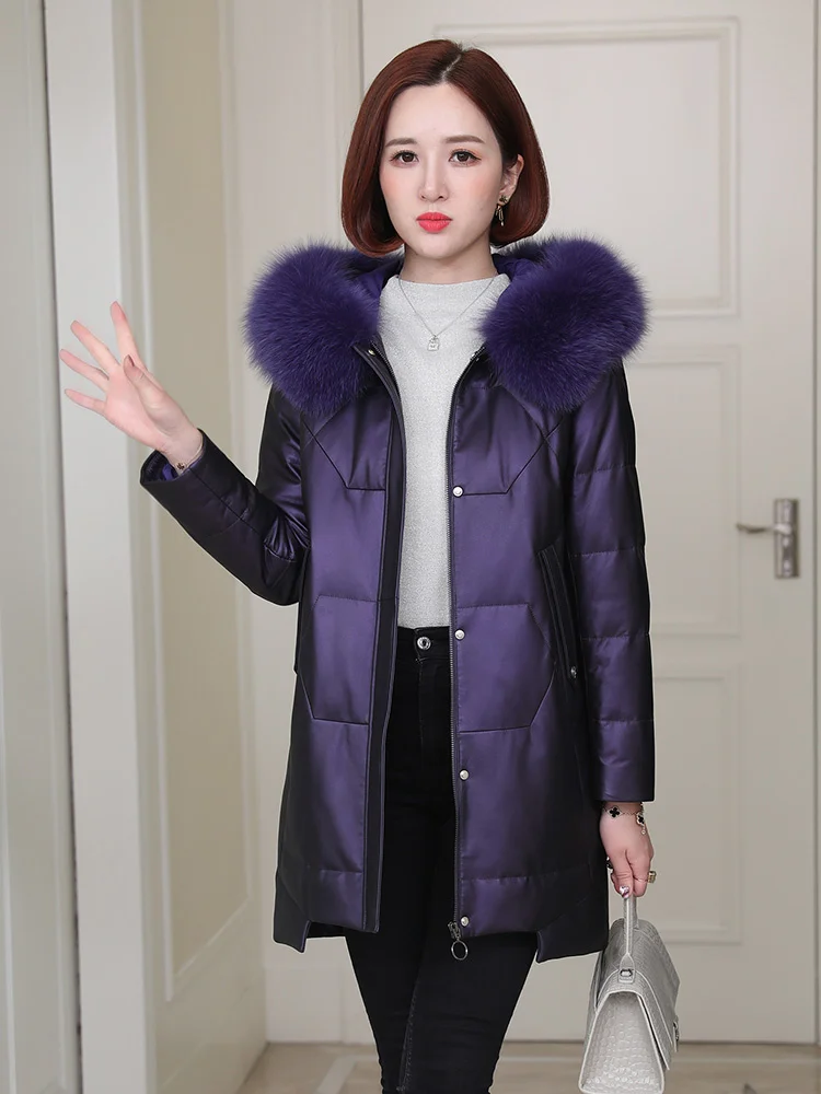 

2023 New 90% White Duck Down Women's Down Jackets Fox Fur Collar Hooded Coat Female Real Sheepskin Leather Woman Jacke