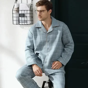 Autunno e Inverno Addensare Pigiama da uomo Set Semplice Indumenti da notte caldi Top in cotone Pantalone per il tempo libero Capispalla Morbido Plus Size Pigiama 2024 1