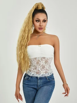 Women's Ruched Tube Tops Strapless Lace Patchwork 3D Rosette Front Bandeau Tops 4