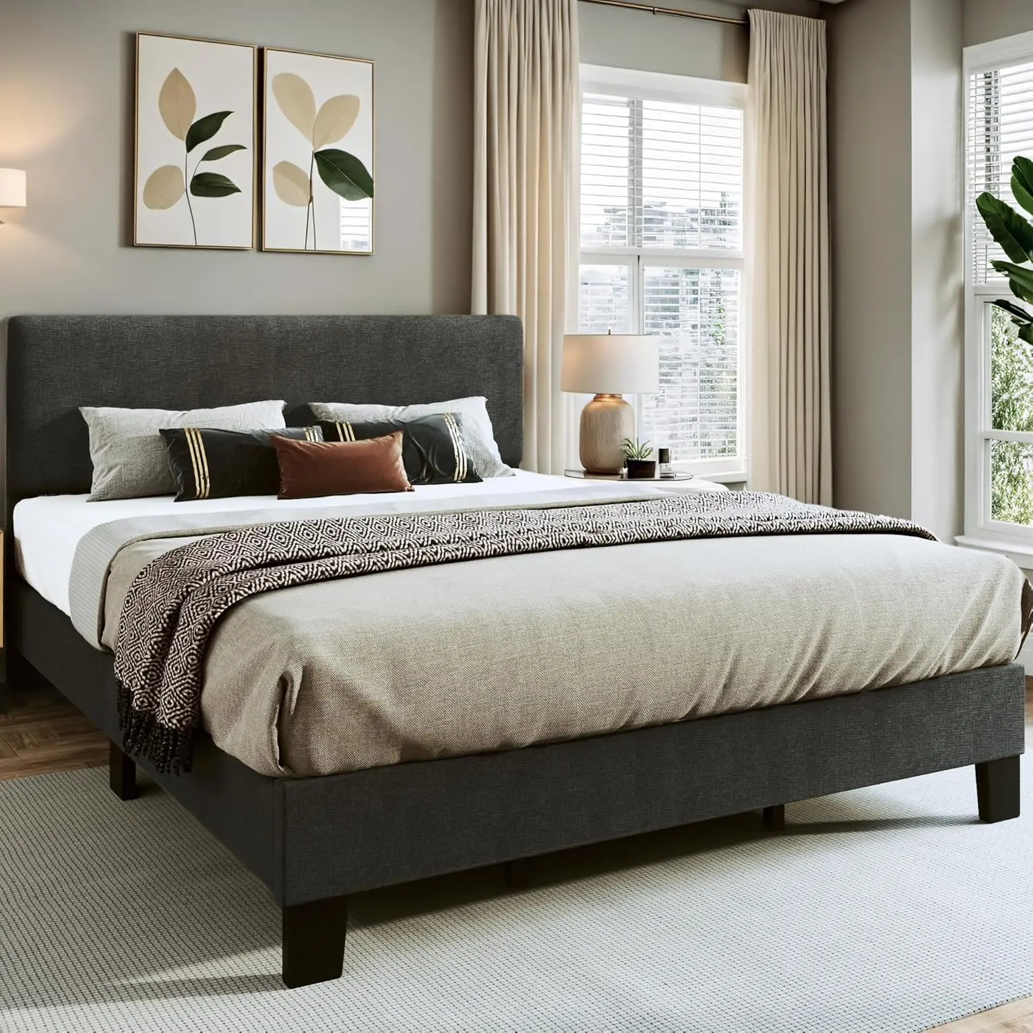 Description Picture 3 of itemBed Frame with Adjustable Headboard Upholstered Bed Frame Platform Linen Fabric Headboard Wooden Slats Support