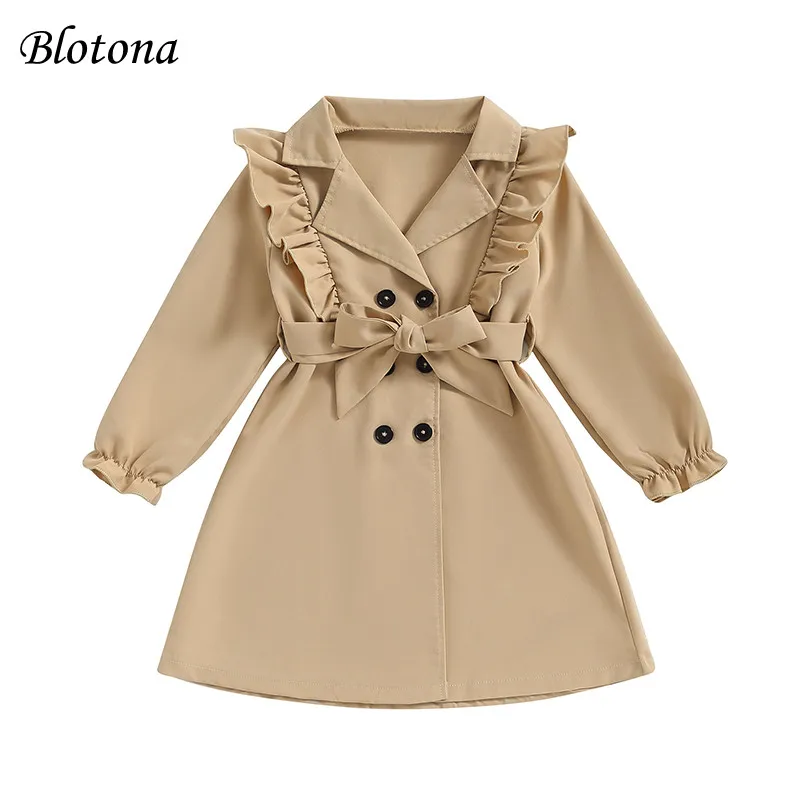 

Blotona Kids Girls Fashion Trench Coat Ruffled Long Sleeve Lapel Double Breasted Khaki Windbreaker Outwear with Belt 3-7Years