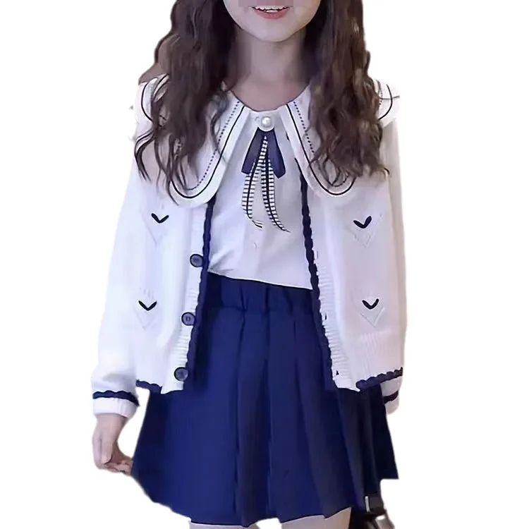활 라펠 언더 셔츠, 러브 프린트 가디건, 단색 플리츠 스커트, 어린이 소녀 의상, 2024 용수철 가을 의류 세트, 3 개