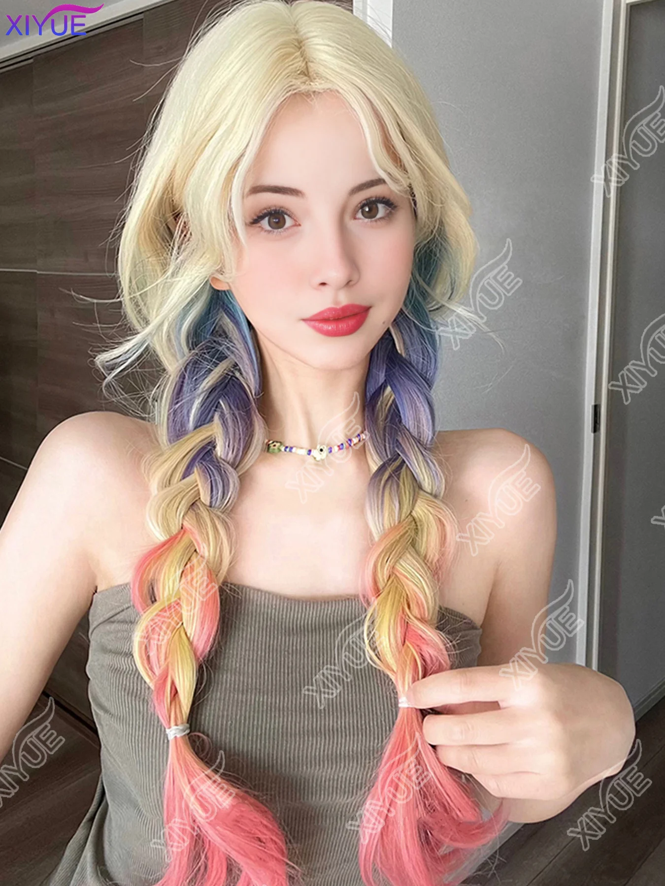 XIYUE 26Inch Dopamine Girl Style Blonde Mix Multicolour Synthetic Wigs Middle Part Long Wavy Hair Wig For Women Cosplay